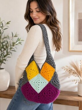 Plum Orchard Tote | Handmade Crochet Granny Square Shoulder Bag | One of a Kind